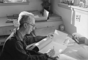 Norman Rockwell answering fan correspondence in his studio; Stockbridge, Massachusetts, c.1971. Photograph attributed to Louie Lamone. 