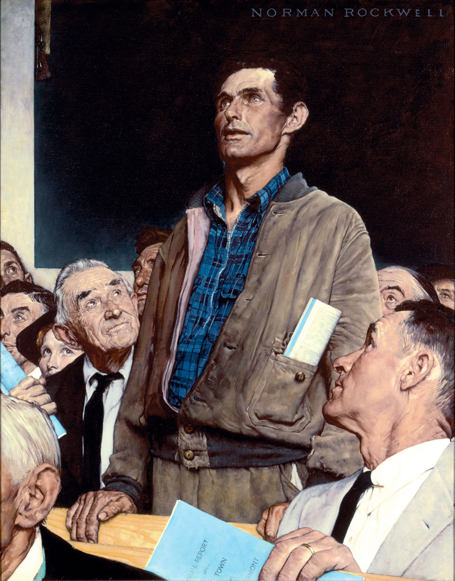 "Freedom of Speech," Norman Rockwell, 1943. Story illustration for "The Saturday Evening Post," February 20, 1943. Norman Rockwell Museum Collections. ©1943 SEPS: Curtis Publishing, Indianapolis, IN.