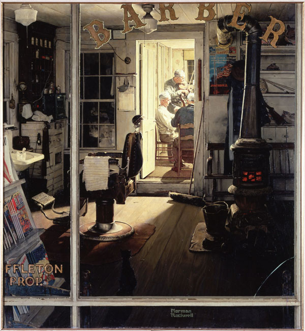 "Shuffleton’s Barbershop," Norman Rockwell, 1950. Oil on canvas, 46 1/8” x 43 3/8”. Cover illustration for "The Saturday Evening Post," April 29, 1950. Collection of The Berkshire Museum, Pittsfield, Massachusetts.©1950 SEPS: Curtis Publishing, Indianapolis, IN.