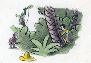 H. A. Rey, final illustration for “One day George saw a man. He had on a large yellow straw hat,” published in "The Original Curious George" (1998). © 2010 by HMH.