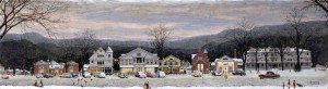 "Stockbridge Mainstreet at Christmas (Home for Christmas)," Norman Rockwell, 1967. Oil on canvas, 26 ½” x 95 ½" Story illustration for "Home for Christmas" McCall’s, December 1967. Norman Rockwell Museum Collections. ©NRELC: Niles, IL.