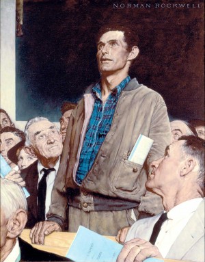 "Freedom of Speech," Norman Rockwell, 1943. Oil on canvas, 45 ¾” x 35 ½” Story illustration for "The Saturday Evening Post," February 20, 1943. Norman Rockwell Museum Collections. ©1943 SEPS: Curtis Publishing, Indianapolis, IN