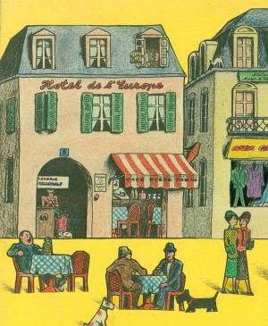 H. A. Rey, detail of découpage for "La Rue: Découpages à colorer" (unpublished), Paris, c. 1938, pen and ink, color pencil, and crayon on paper. H. A. & Margret Rey Papers, de Grummond Children’s Literature Collection, McCain Library and Archives, The University of Southern Mississippi.