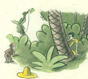 H. A. Rey, detail of final illustration for “One day George saw a man. He had on a large yellow straw hat,” published in "The Original Curious George" (1998), France, 1939–40, watercolor, charcoal, and color pencil on paper. H. A. & Margret Rey Papers, de Grummond Children’s Literature Collection, McCain Library and Archives, The University of Southern Mississippi. Curious George, and related characters, created by Margret and H. A. Rey, are copyrighted and trademarked by Houghton Mifflin Harcourt Publishing Company. © 2010 by HMH.