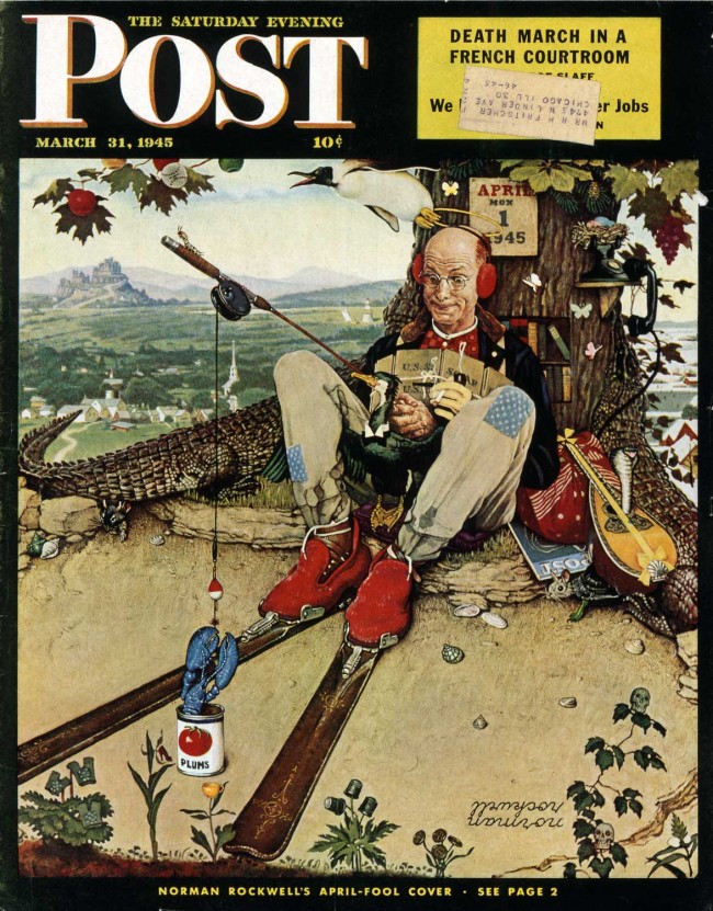 April Fool: Fishing," Norman Rockwell. 1945. Cover illustration for "The Saturday Evening Post," March 31, 1945. Norman Rockwell Museum Digital Collections. ©1945 SEPS: Curtis Publishing, Indianapolis, IN