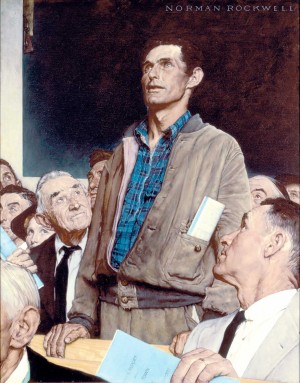 "Freedom of Speech," Norman Rockwell. 1943. Oil on canvas, 45 ¾” x 35 ½”. Story illustration for "The Saturday Evening Post," February 20, 1943. Norman Rockwell Museum Collections. ©1943 SEPS: Curtis Publishing, Indianapolis, IN