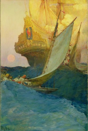 "An Attack on a Galleon," Howard Pyle, 1905. Oil on canvas, 29 1/2” x 19 1/2” Delaware Art Museum, Museum Purchase, 1912