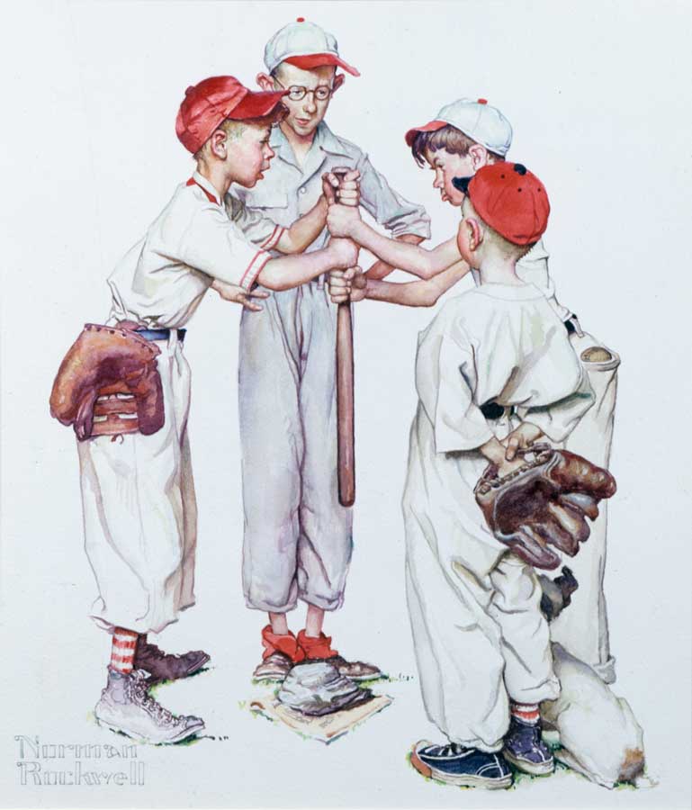 "Four Sporting Boys: Baseball," Norman Rockwell, 1951. 13 1/2” x 12”. Collection of Williams High School Alumni Association on permanent loan to Norman Rockwell Museum. ©NRELC: Niles, IL.