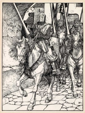 “Away they rode with clashing hoofs and ringing armor,” 1888, Howard Pyle (1853-1911). Ink on illustration board, 7 11/16” x 5 3/4”. Delaware Art Museum, Museum Purchase, 1915