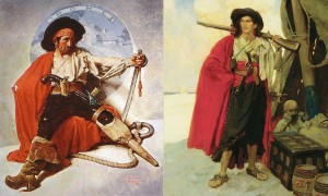 Left: "Pirate Dreaming of Home," 1924, Norman Rockwell (1894-1978). Cover illustration for "The Saturday Evening Post," August 30, 1924. Norman Rockwell Museum Digital Collections. ©SEPS: Curtis Publishing, Indianapolis, IN.   Right: "The Buccaneer Was a Picturesque Fellow" (detail) , 1905, Howard Pyle (1853-1911) Oil on canvas, 30 1/2 x 19 1/2 inches Delaware Art Museum, Museum Purchase, 1912.