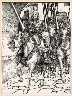 “Away they rode with clashing hoofs and ringing armor,” 1888, Howard Pyle (1853-1911). Ink on illustration board, 7 11/16” x 5 3/4”. Delaware Art Museum, Museum Purchase, 1915.
