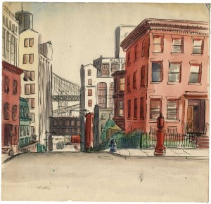 Mary-Amy Cross (1922-2010), "Untitled (Brooklyn Street Scene)," 1940. Collection of the Cross Family. All rights reserved.