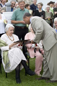 Massachusetts Governor Deval Patrick presents Norman Rockwell Museum Trustee Emerita Norma Greer Ogden with an honorary certificate during the Museum's 40th anniversary celebration, June 9, 2009. Photo by Sarah Edwards. ©Norman Rockwell Museum. All rights reserved