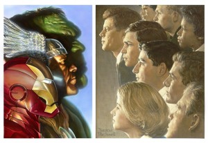 Left: Alex Ross, “First Avengers,” 2010, courtesy of the artist. AVENGERS TM & ©2012 Marvel and Subs. Right: Norman Rockwell (1894-1978), "The Peace Corps (J.F.K.'s Bold Legacy), 1966. Norman Rockwell Museum Collections. ©NRELC: Niles, IL