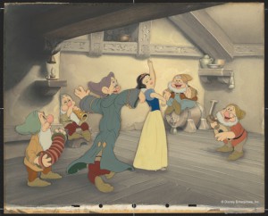 "Snow White Dancing with Dopey and Sneezy. Doc, Happy, Bashful, Sleepy Playing Music." Disney Studio Artist Reproduction cel setup; ink and acrylic on cellulose acetate. Courtesy Walt Disney Animation Research Library. ©Disney.
