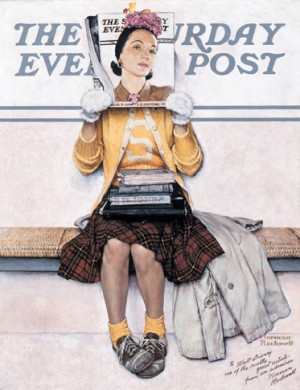 Norman Rockwell (1894-1978), "Girl Reading the Post," 1941. Oil on canvas, 35 1/4" x 27 1/4". Cover illustration for "The Saturday Evening Post," March 1, 1941. Norman Rockwell Museum Collections, gift of the Walt Disney Family, 1999. ©SEPS: Curtis Publishing, Indianapolis, IN.