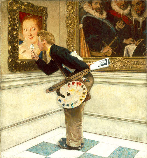 "Art Critic," Norman Rockwell, 1955. Oil on canvas, 39 1/2" x 36 1/4". Cover illustration for "The Saturday Evening Post," April 16, 1955. Norman Rockwell Museum Collections. ©SEPS: Curtis Publishing, Indianapolis, IN