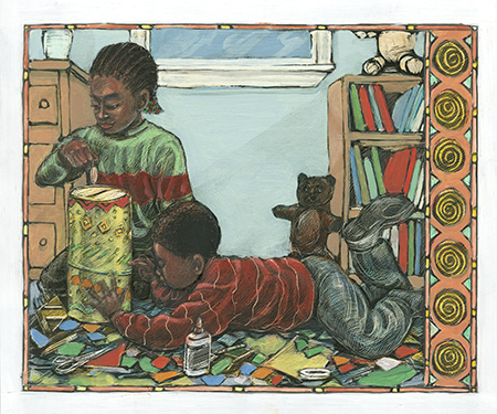 Brian Pinkney, For ujamaa we save up our coins for one whole year to buy a family gift that everyone can share..., c. 1993. Ink and oil pastels on scratchboard. Illustration for Seven Candles for Kwanzaa by Andrea Davis Pinkney, 1993. ©Brian Pinkney. All rights reserved