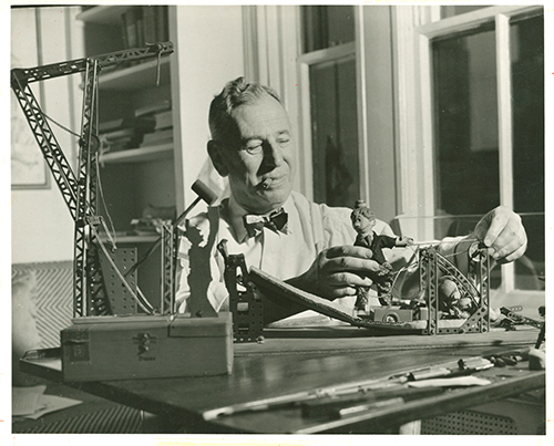 Rube Goldberg publicity photo for The Famous Artists School, c. 1948. Gelatin silver print. Norman Rockwell Museum Collections.